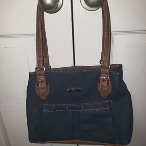 Navy and tan shoulder bag